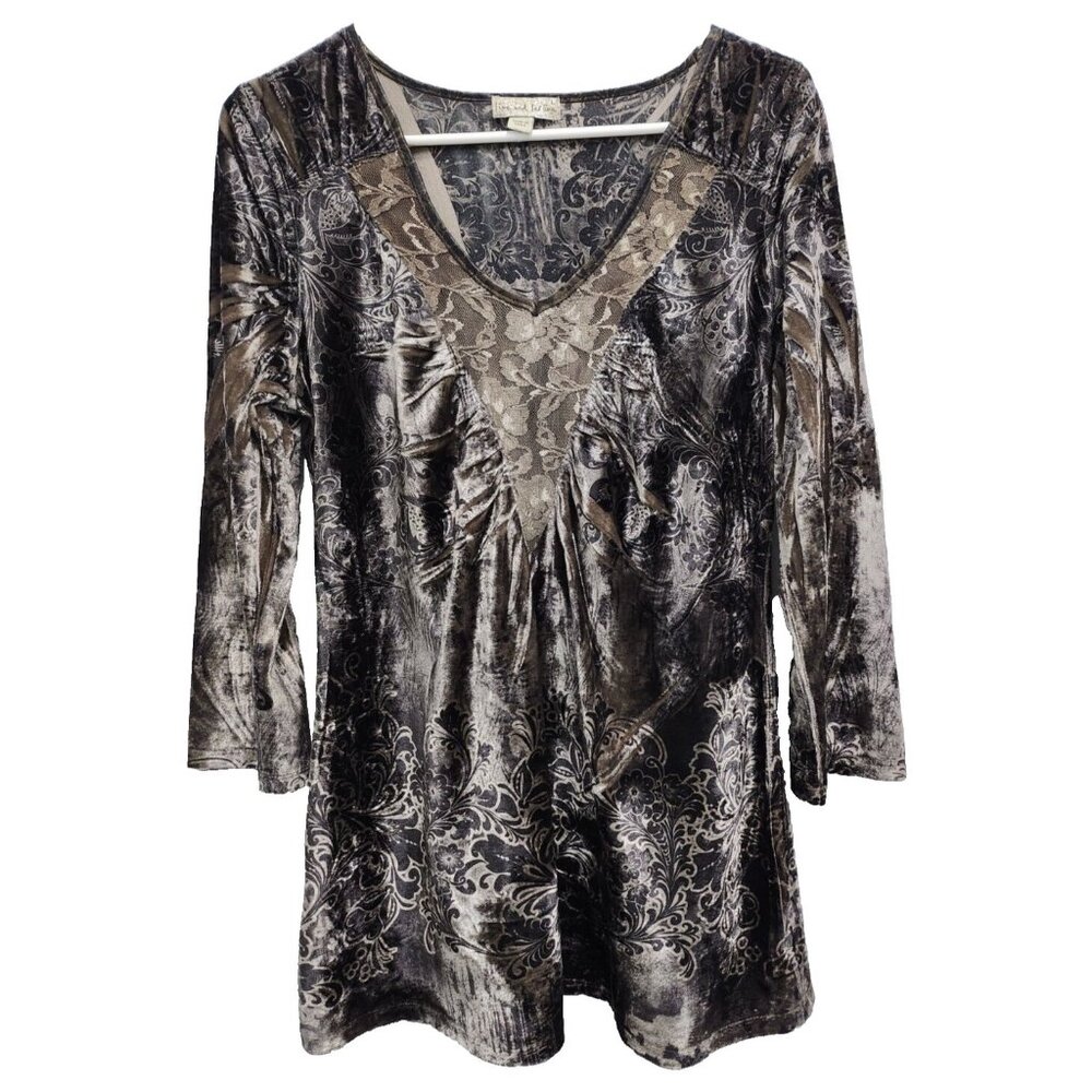 Live & Let Live Tunic Top Womens Large Paisley Velvet 3/4 Sleeve BOHO Whimsygoth